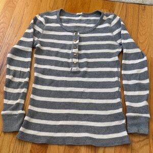 J. Crew  Gray and Cream Striped Long Sleeve Waffle Shirt